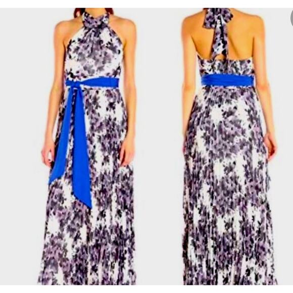 Eliza J Halter Sz8 Animal Leopard BlacknWhite W Blue belt accent maxi Dress Sexy - Picture 14 of 16